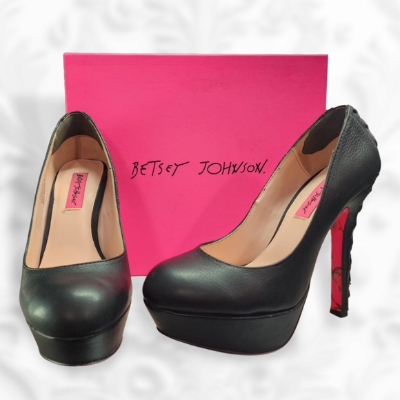 Betsey Johnson Shoes - Betsey Johnson Black Leather Dita Corset Platform Slip-in Heels